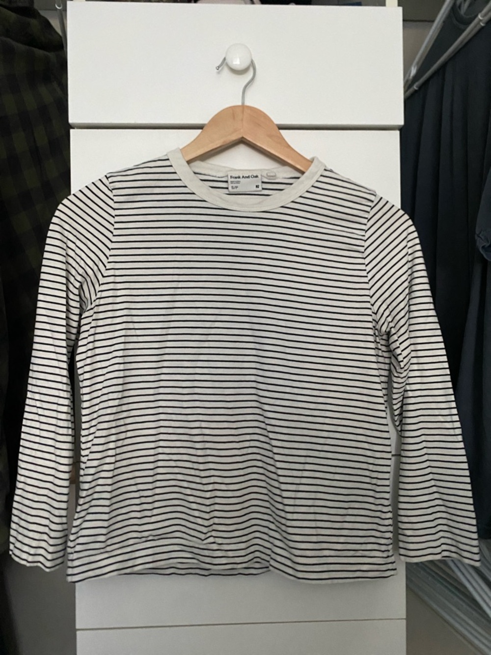 Frank & Oak Black and White Striped Crewneck 3/4 length Tee